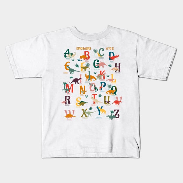 Dinosaurs A to Z- Rainbow Dinos Chart Kids T-Shirt by Winkeltriple